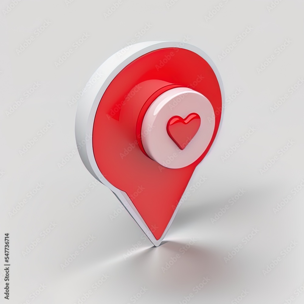 white heart inside of a red pin on a white background. like symbol notification. 3d render