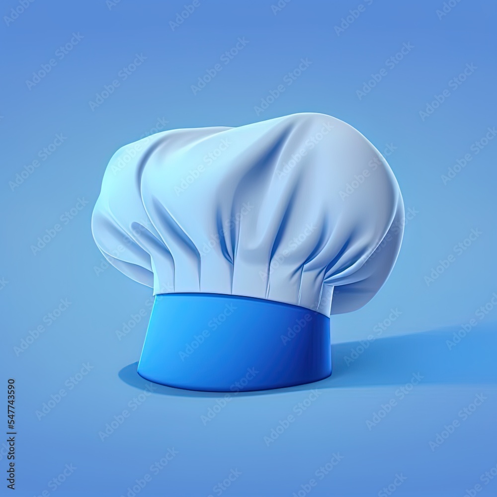 3d render illustration of chefs hat . Modern trendy design. Simple icon of cooking food. Blue backg