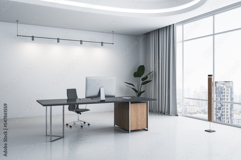 Contemporary bright office interior with equipment, furniture, decorative plant and window with curt