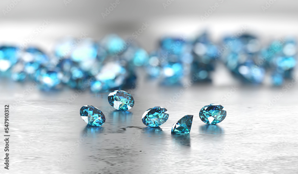 Group of Blue diamond sapphire placed on glossy background main object focus 3d rendering