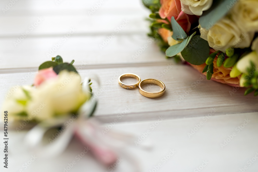 Bridal rings on white background. Two wedding jewelry rings.