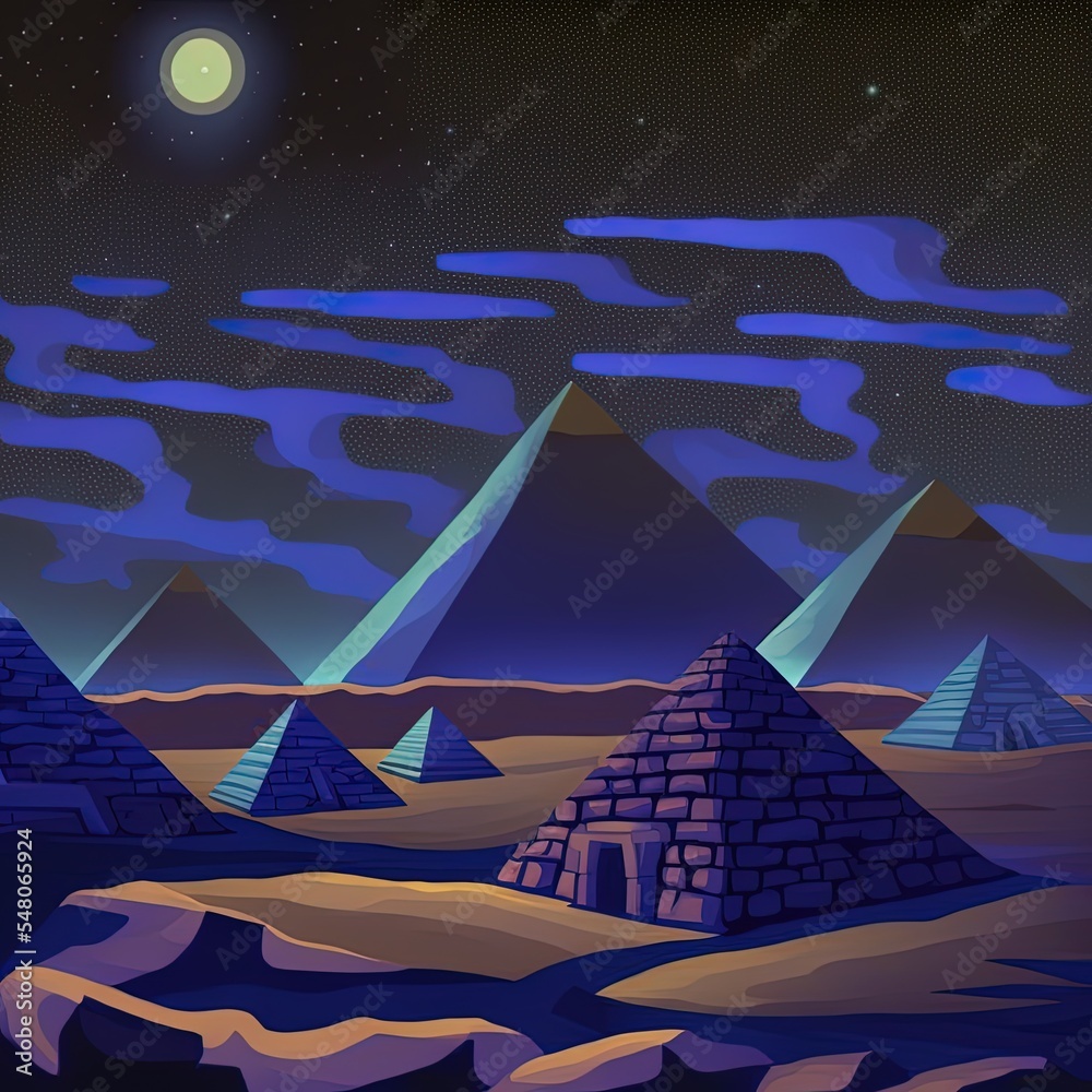 Egyptian pyramids night landscape cartoon