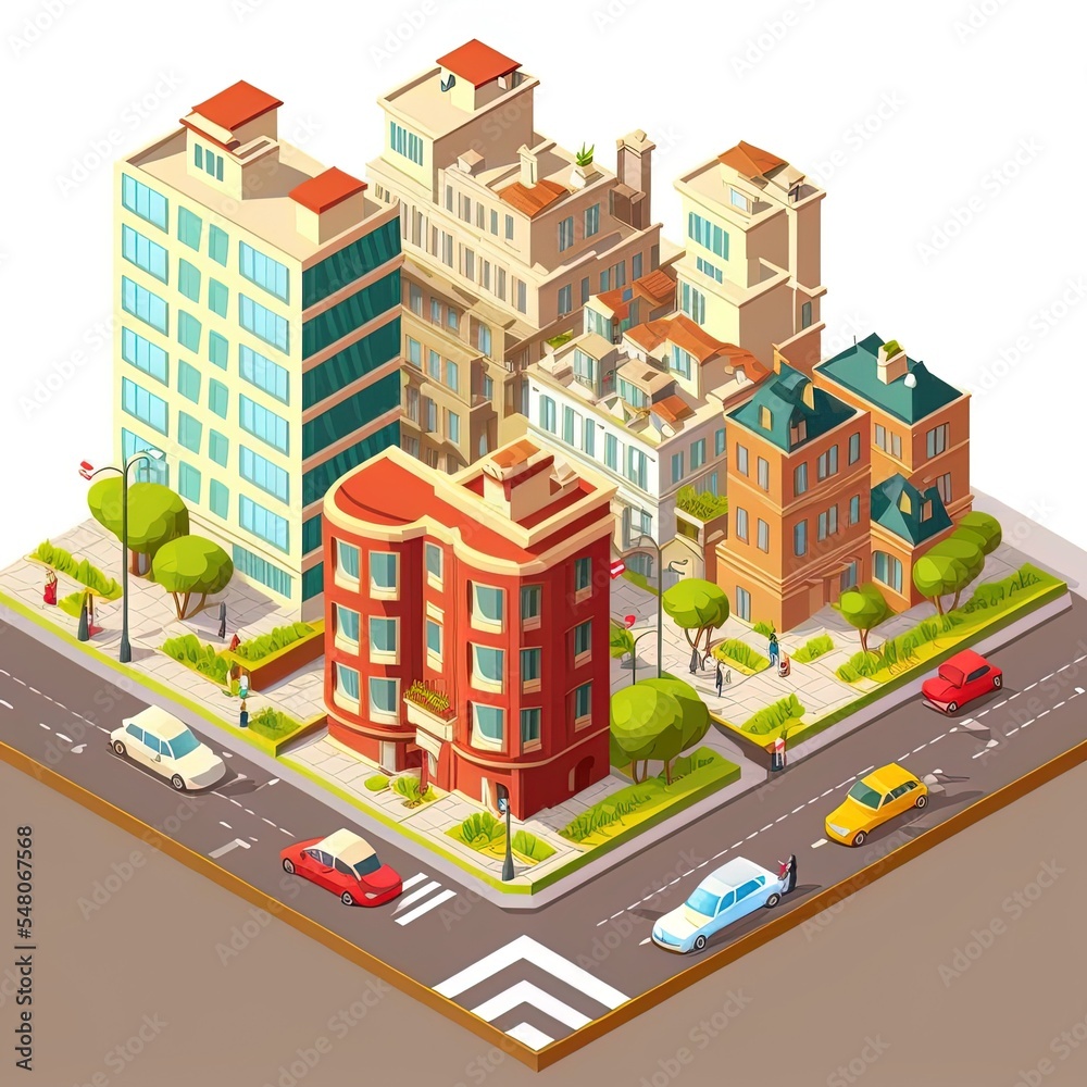 Townhouse buildings isometric composition with urban landscape and street with city blocks living h（