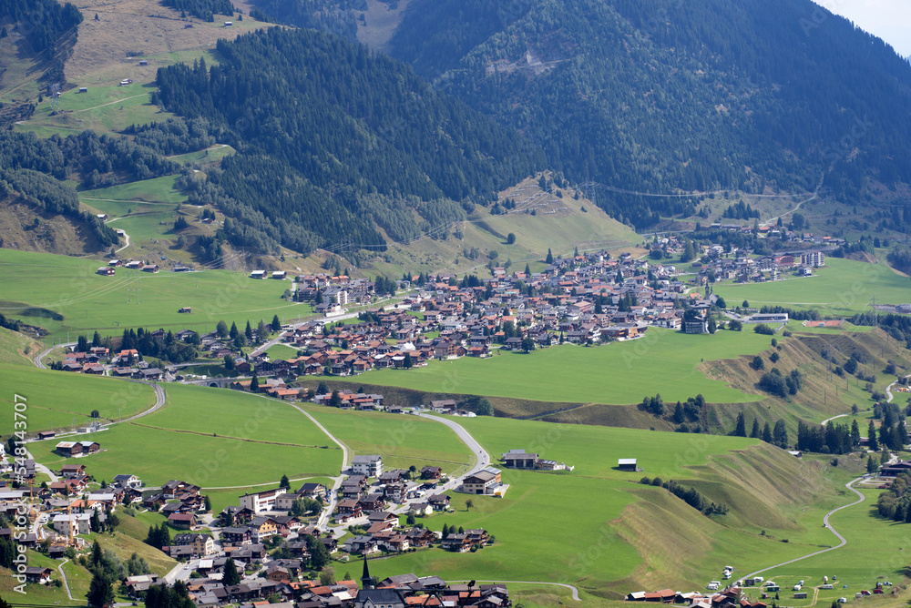 Beautiful scenic landscape at Alp Milez, Canton Graubünden, with villages Dieni, Rueras and Sedrun i