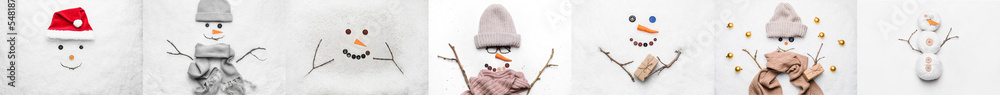 Collage of funny snowmen made of different items on white background