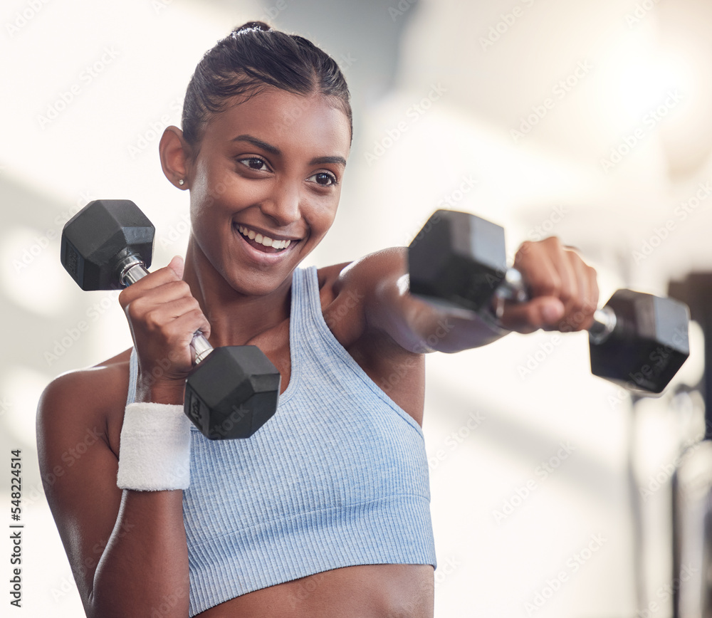 Woman, dumbbell or punching in gym workout, training or exercise in muscle growth, strong body or we