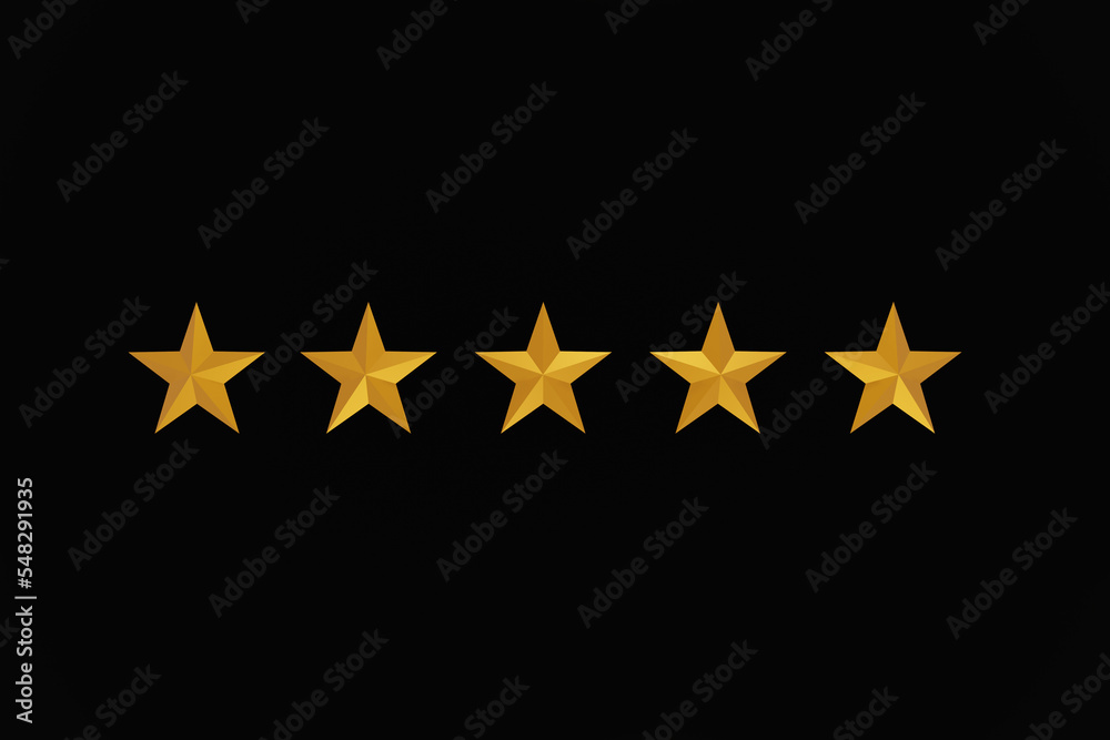 Five star symbol, the concept of a positive rating, reviews and feedback on black background