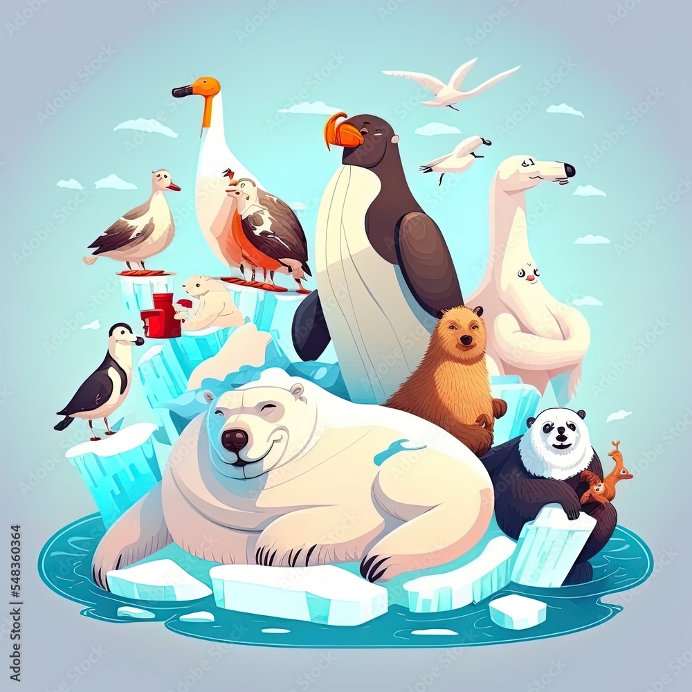 Wild animals sitting on ice floes in sea, white bear holding fish, penguins and seal. antarctica or 