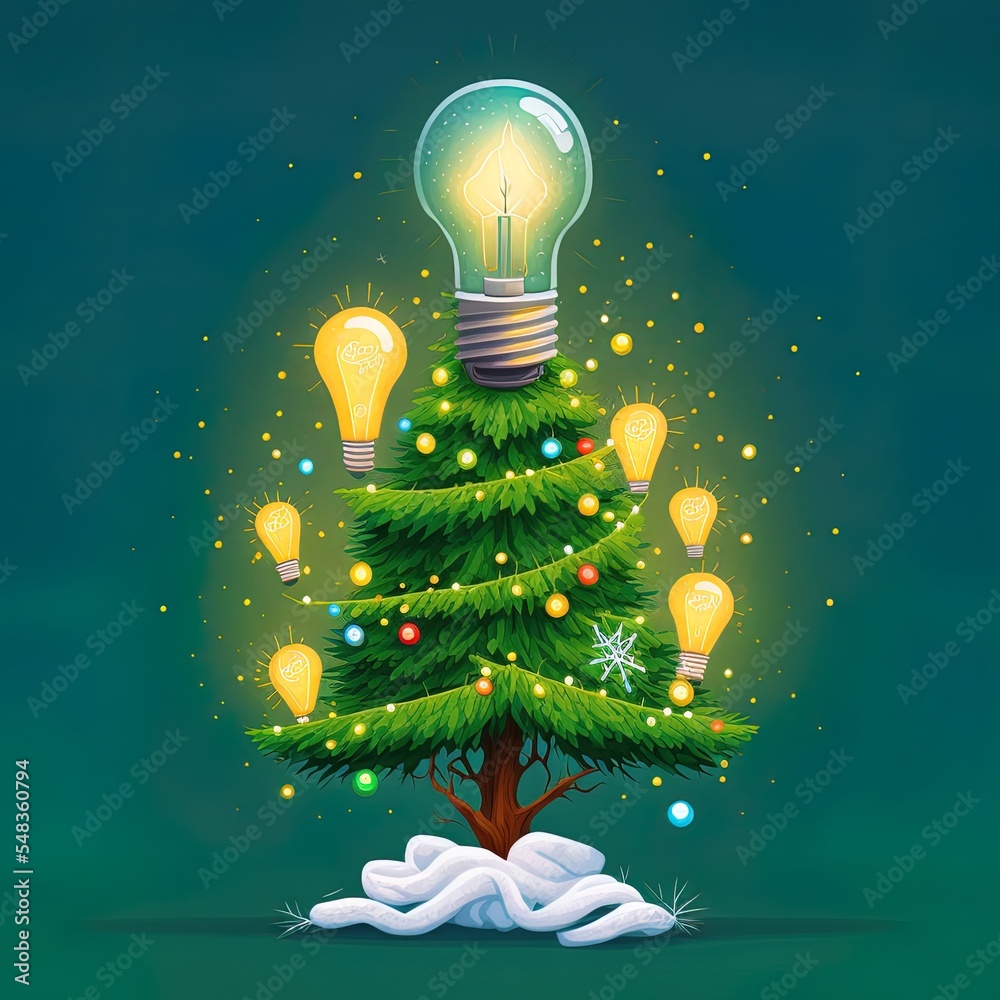 2d illustrated christmas tree isolated with lightbulb, stars and balls, snow on the leaves