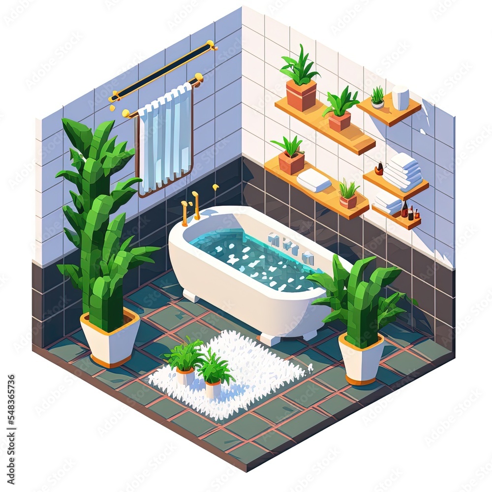 Cozy modern bathroom interior with bathtub toilet washbasin two rugs potted plants isometric composi