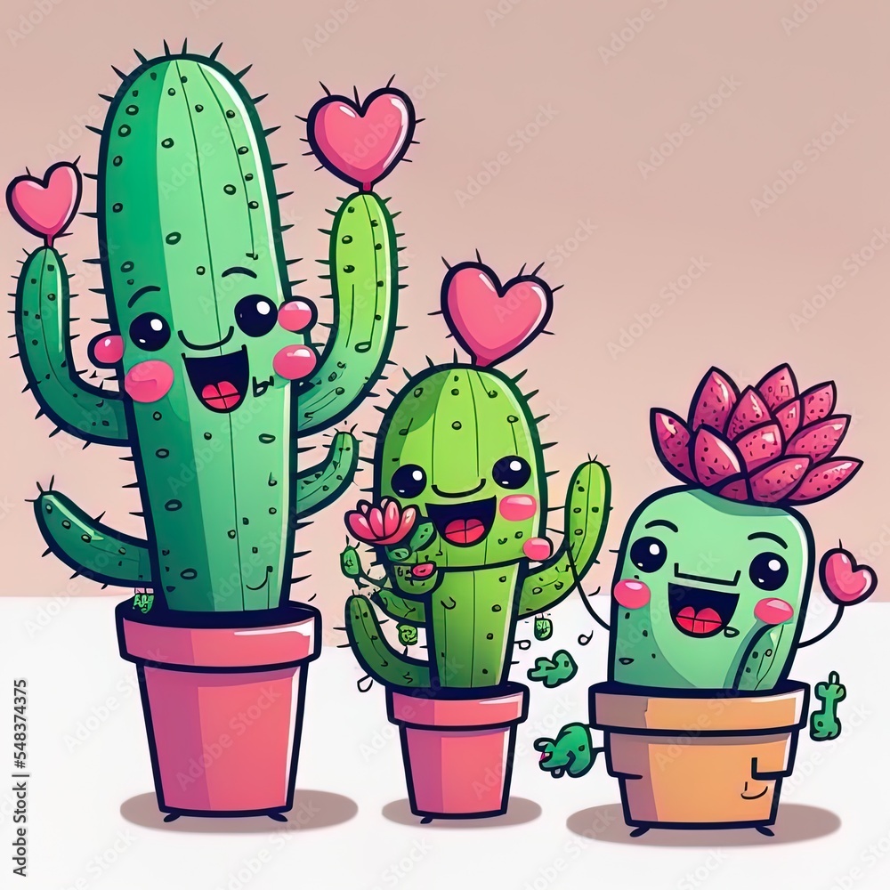 Happy Cactus Plant Family Cartoon Illustration