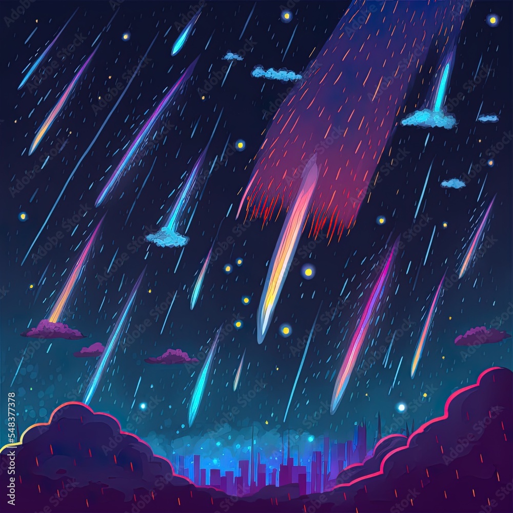 Meteor Rain At Night Sky, Neon Space Illustration