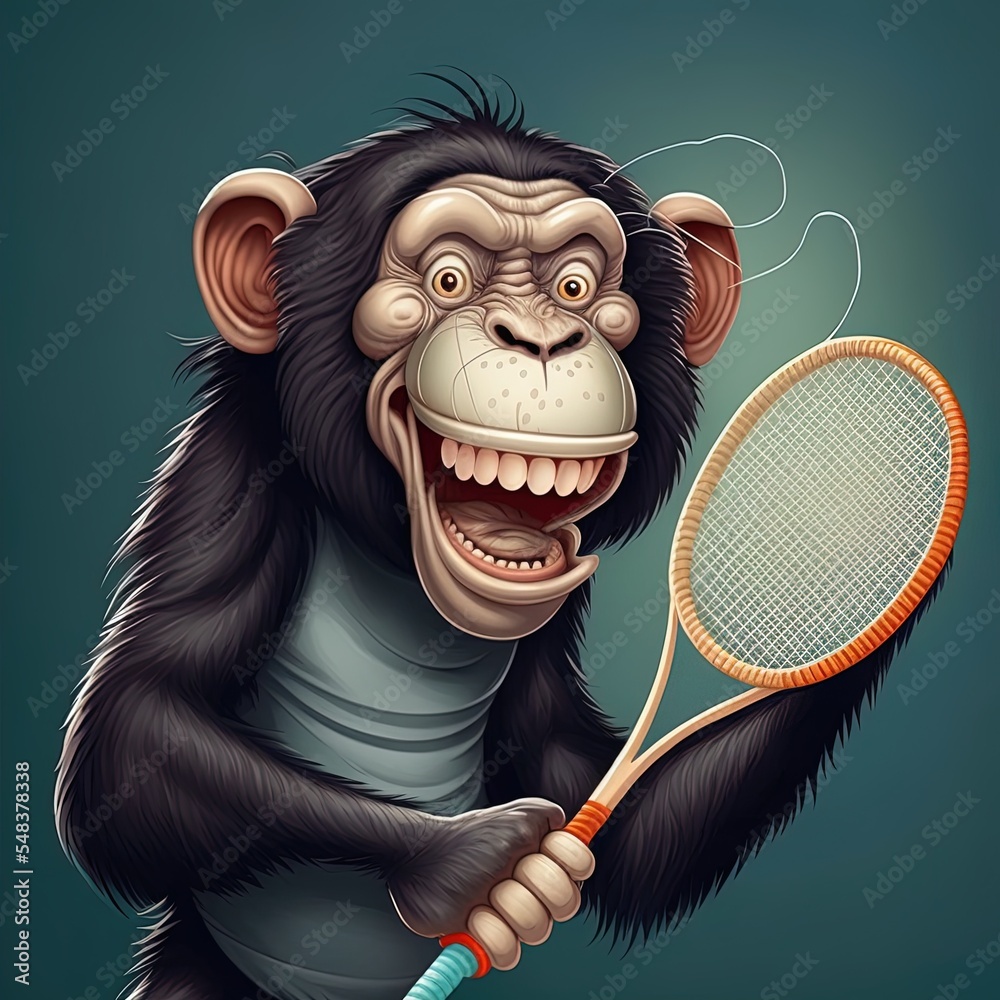 The chimpanzee is playing the badminton and hit with the racket