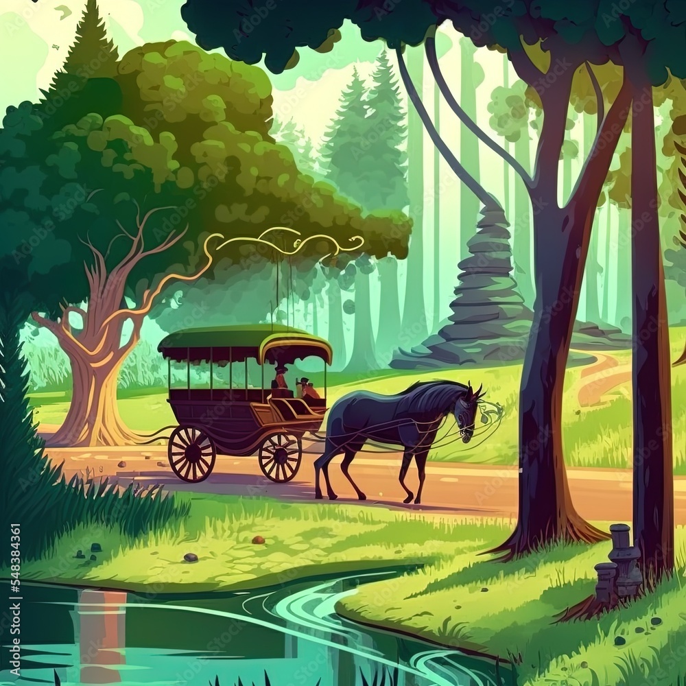 Horse drawn carriage in forest with trees and pond. vintage black cart on road in woods. 2d illustra