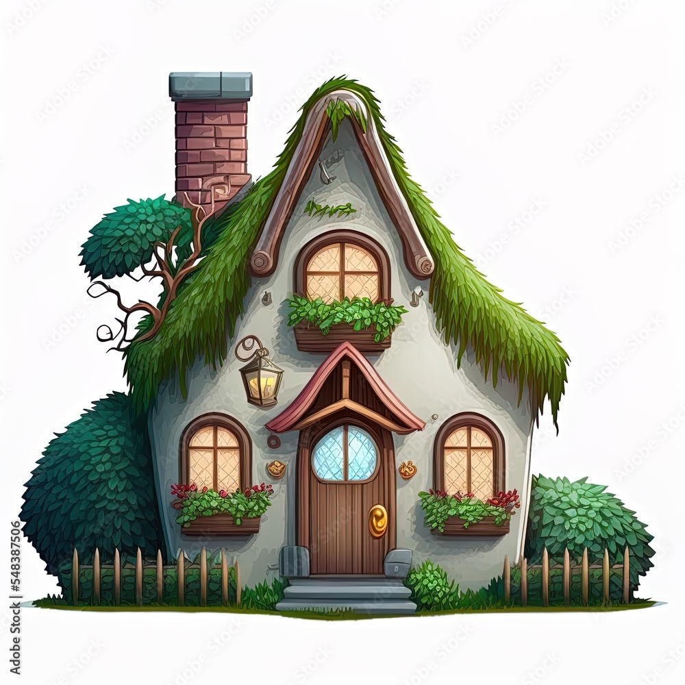 Front view of a house with nature elements on white background