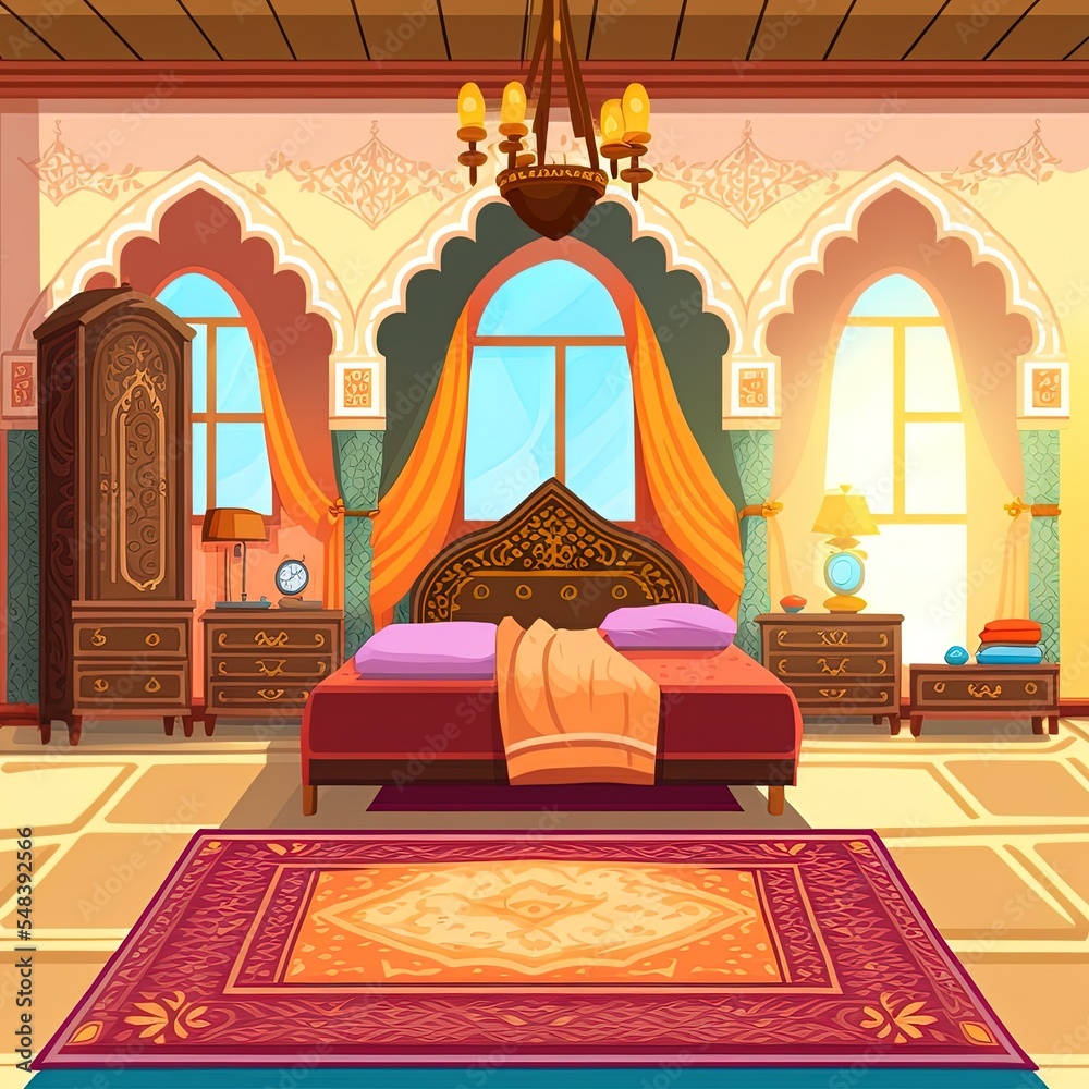 Traditional middle eastern bedroom with furniture and decoration elements.