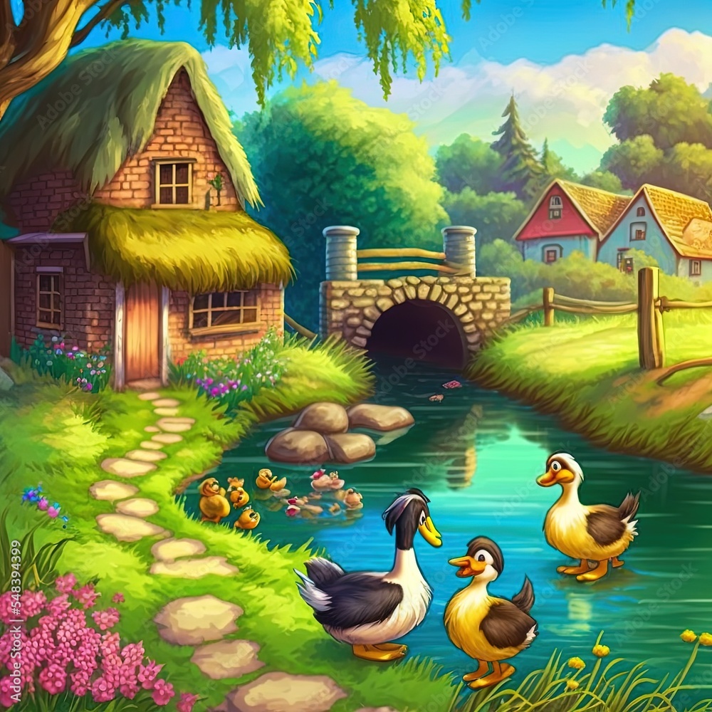 Outdoor scene with cartoon ducks