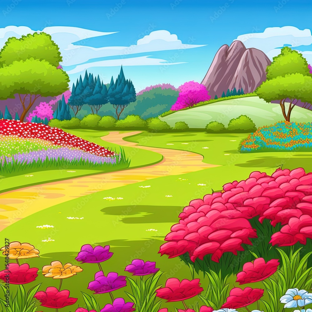 Park Outdoor Scene With Flower Field And Blank Meadow