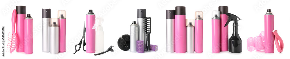 Set of hair sprays and hairdresser tools on white background