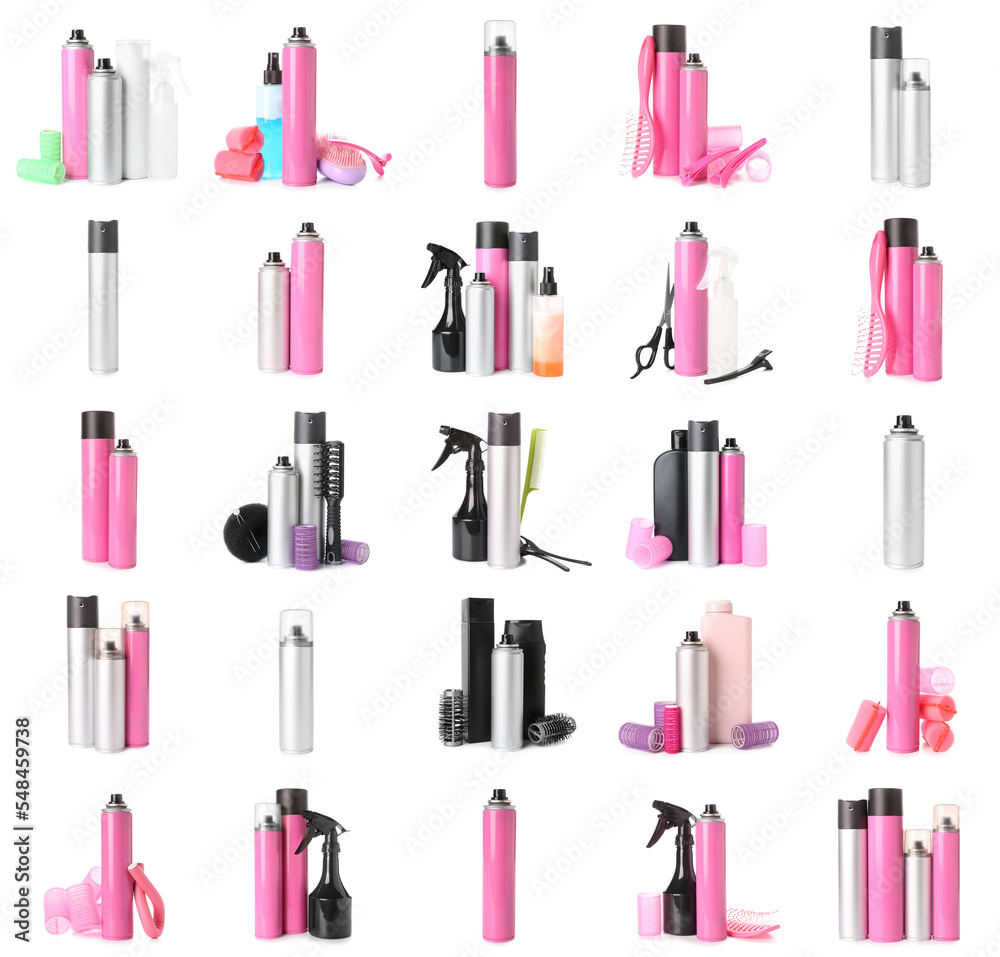 Set of hair sprays and hairdresser tools on white background