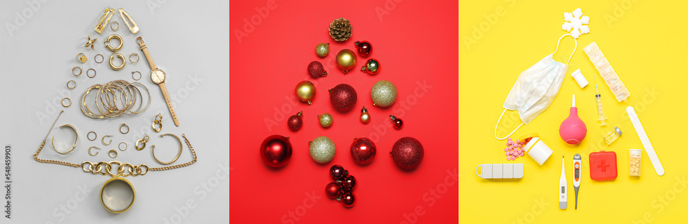 Collage of Christmas trees made of different professional items, jewelry and balls on color backgrou