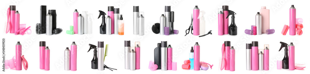 Set of hair sprays and hairdresser tools on white background