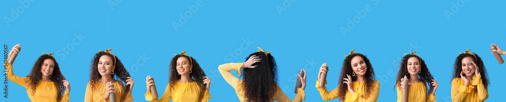 Set of pretty African-American woman with hair spray on blue background