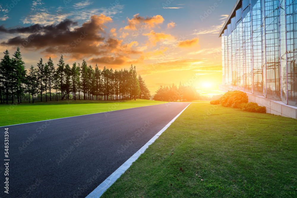 Asphalt road and glass wall building with forest at sunset