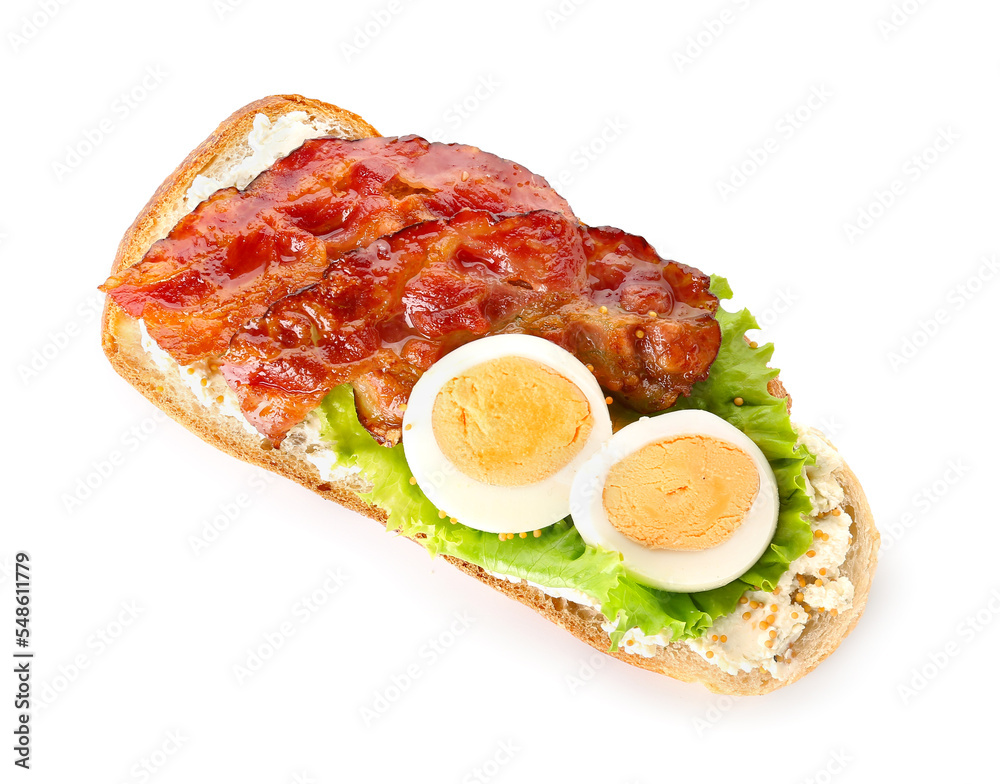 Tasty toast with boiled egg and fried bacon on white background