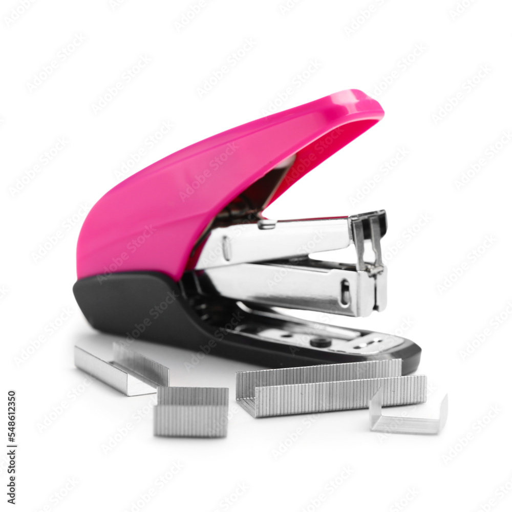 Pink office stapler with staples on white background