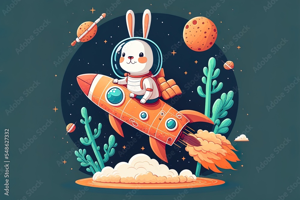 Cute Rabbit Astronaut Riding Carrot Rocket Cartoon 2D Illustrated Icon Illustration Animal Nature Is