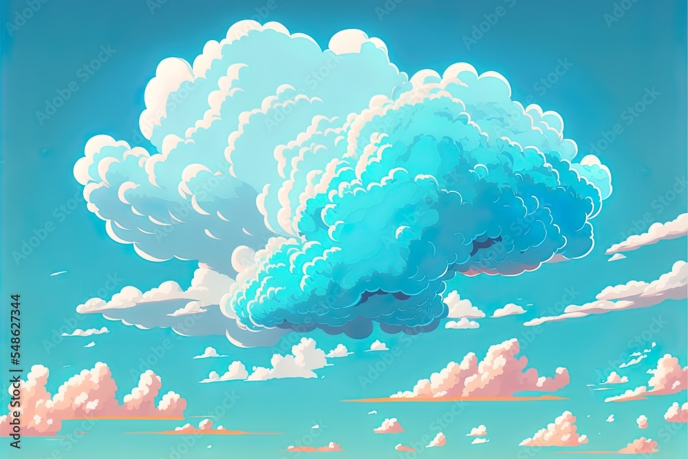 Cartoon Fluffy Clouds In Blue Sky. Fluffy Isolated 2D Illustrated Clouds In Heaven Summer Cloudscape