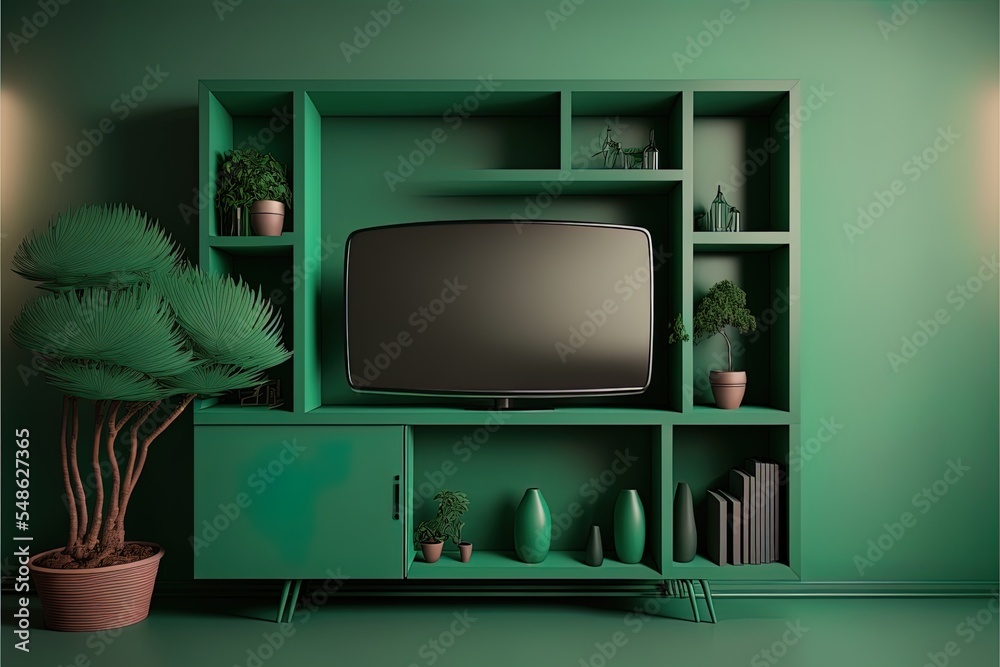 Shelf For Tv In Modern Empty Green Room.3D Rendering