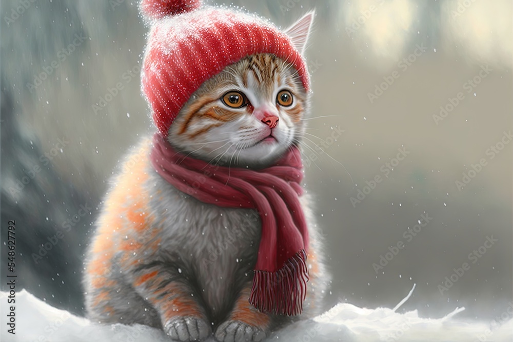 Cute Cat In Red Hat And Scarf Sitting On Snow