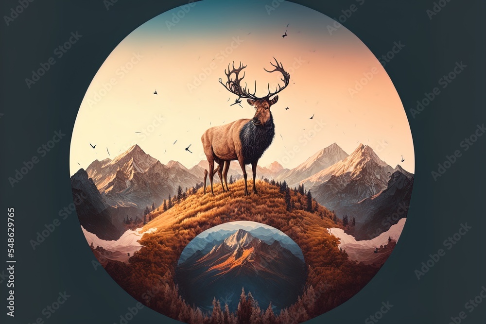 Composition Of A Circle An With Elk Staying On The Top Of The Mountain