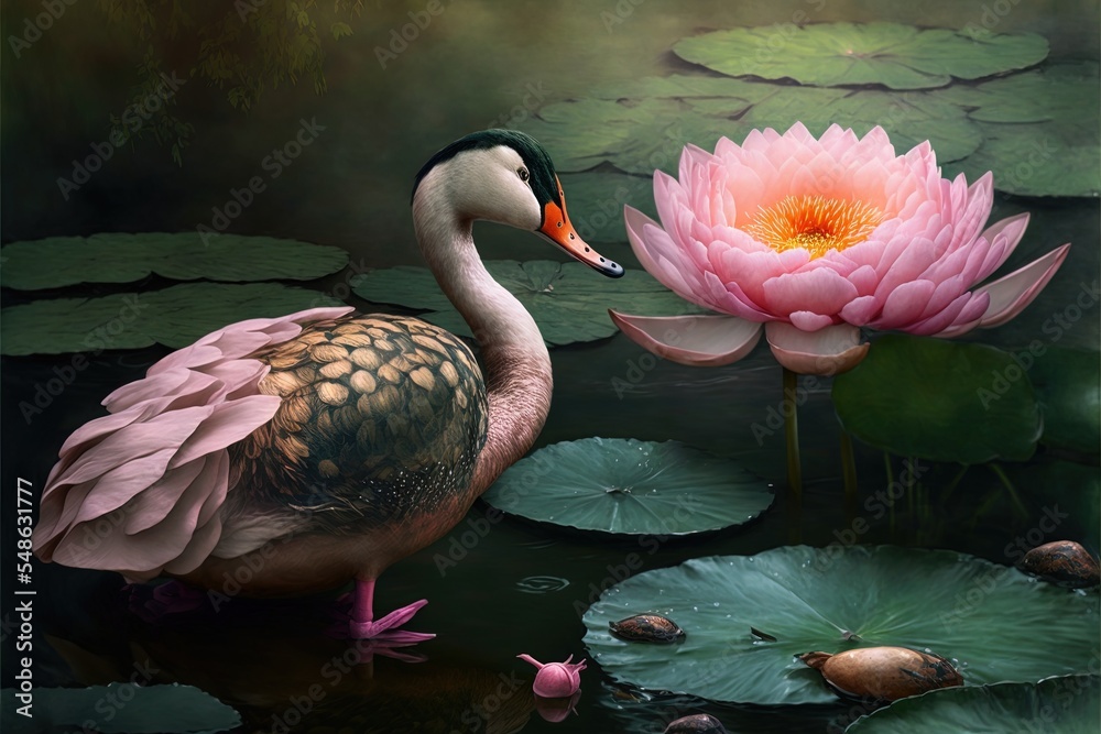 Pink Lotus Flowers With Duck At The Pond