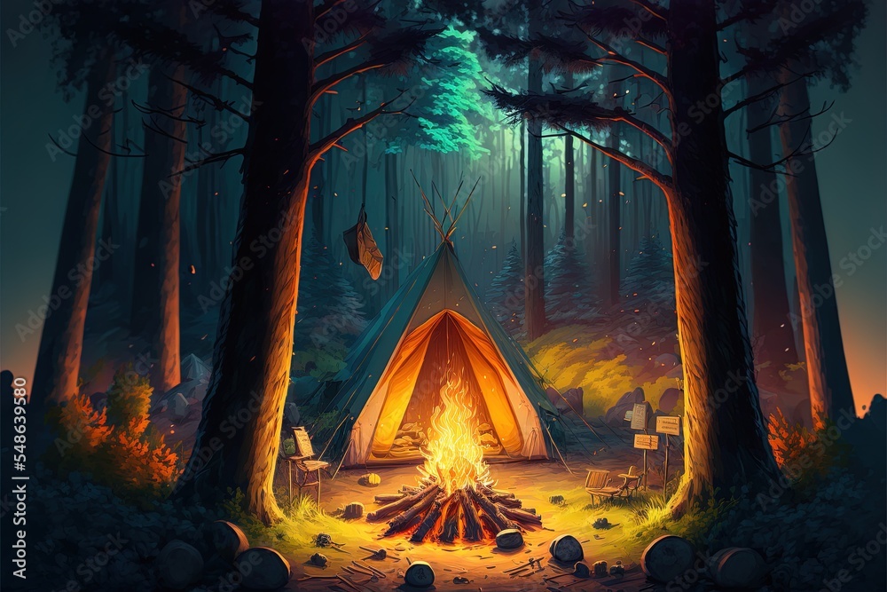 Summer Camp With Bonfire And Tent In Forest