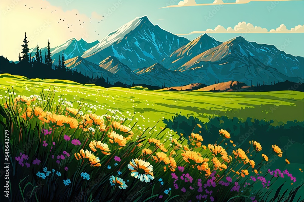 Flower Field And Green Grass With Mountain Backdrop At Suncartoon Style Time