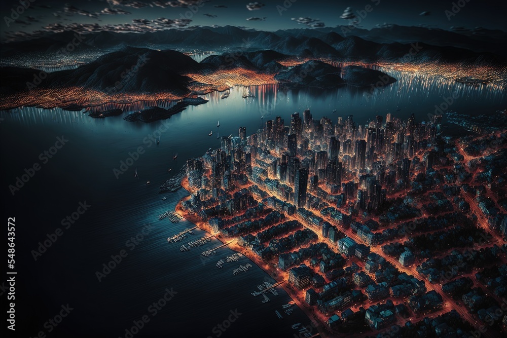 Aerial Shot Of City Buildings Lights At Night Time Near The Sea And Mountains