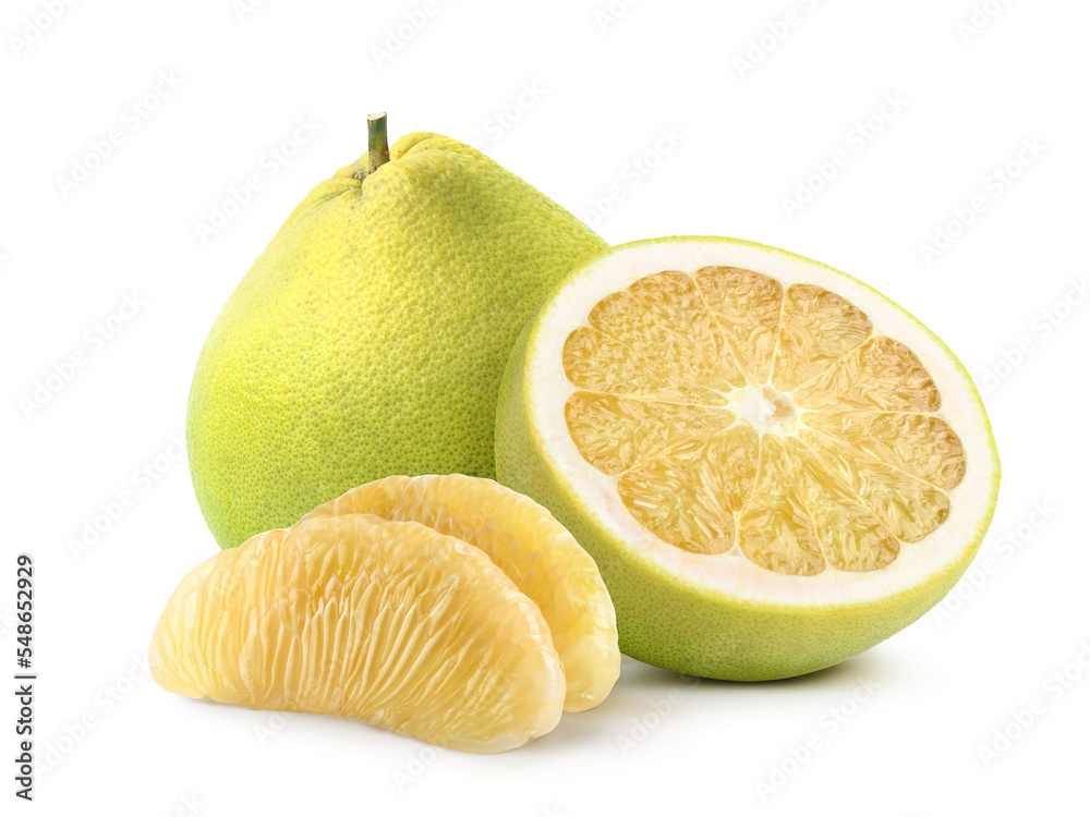 Pomelo fruit with cut in half isolated on white background.Clipping path.