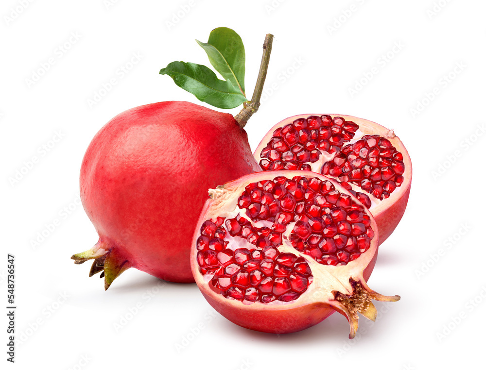 Fresh ripe pomegranate with cut in half isolated on white background.