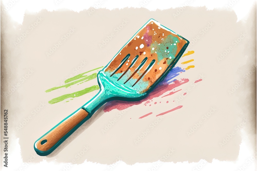 Illustration Of Kitchen Spatula Watercolor 2D Illustrated. Solid Spatula And Slotted Spatula Hand Dr