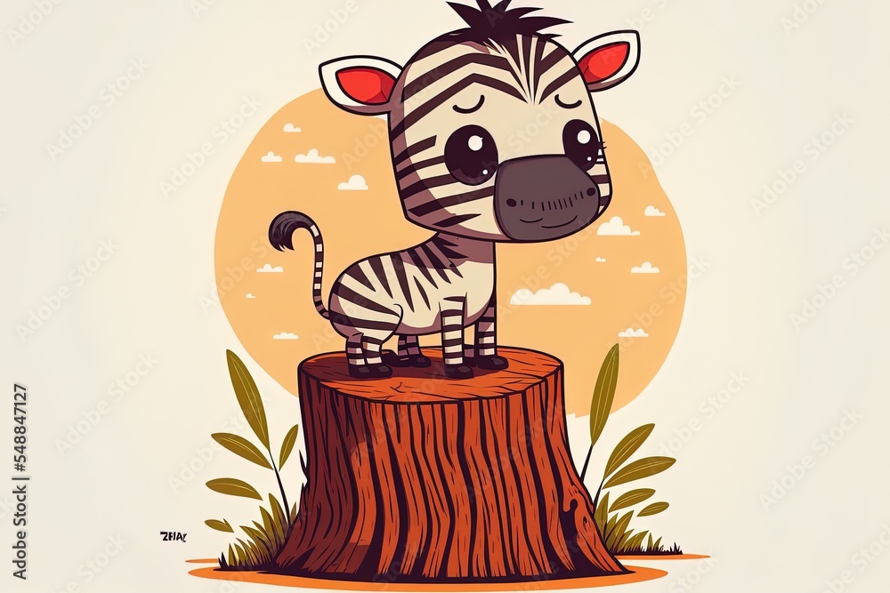 Cute Zebra On Stump In Flat Cartoon Style