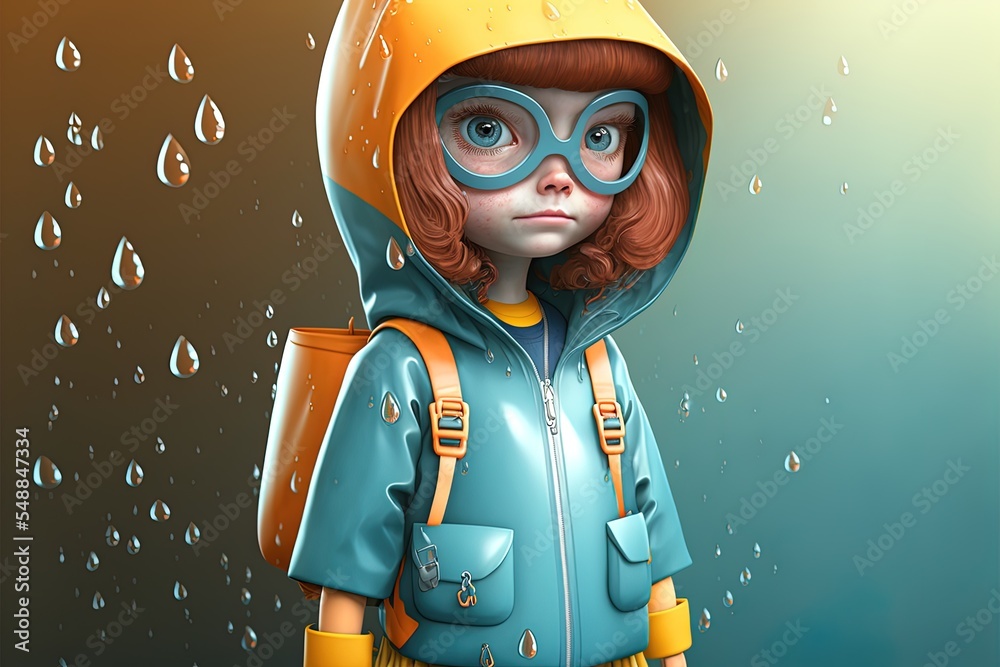 一个带雨具的卡通少女的有趣3D插图