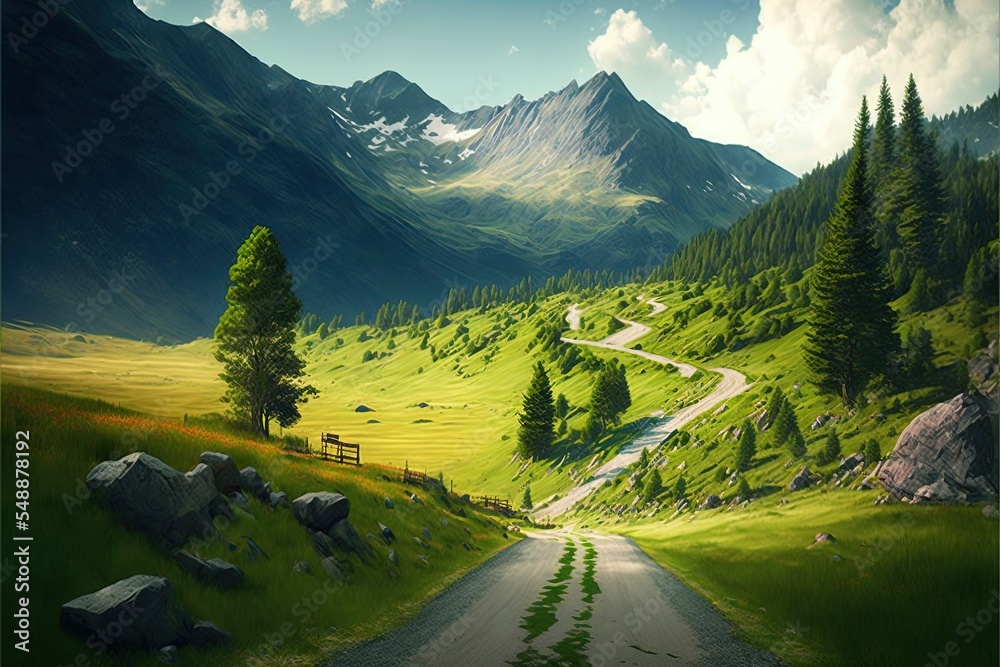 Green Meadows And Road In Mountain Valley