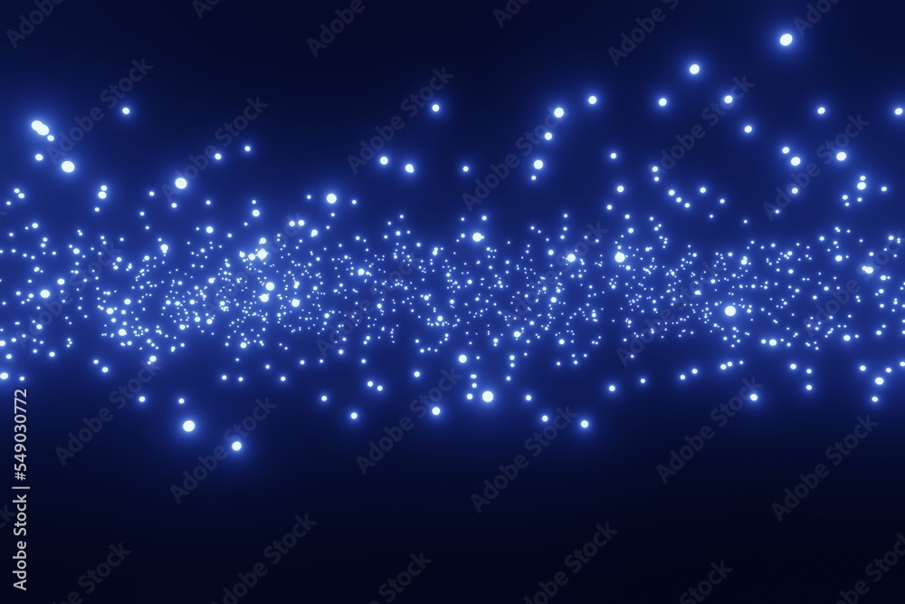 Abstract flying blue particles of light on a black background