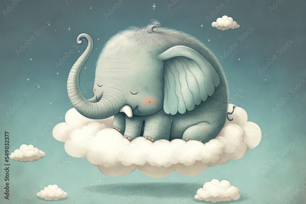 Cute Little Elephant On The Cloud. Sweet Dreams Illustration For Kids.