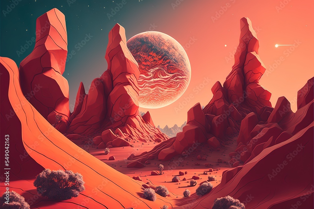 Space Landscape Illustration With Red Rocks