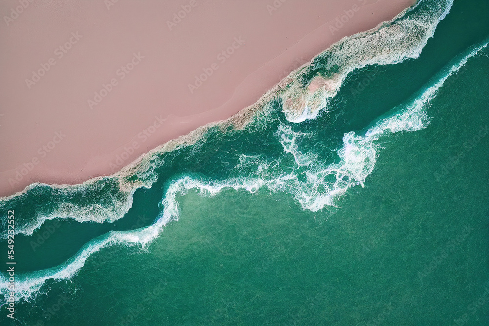 Spectacular top view from drone photo of beautiful pink beach with relaxing sunlight, sea water wave