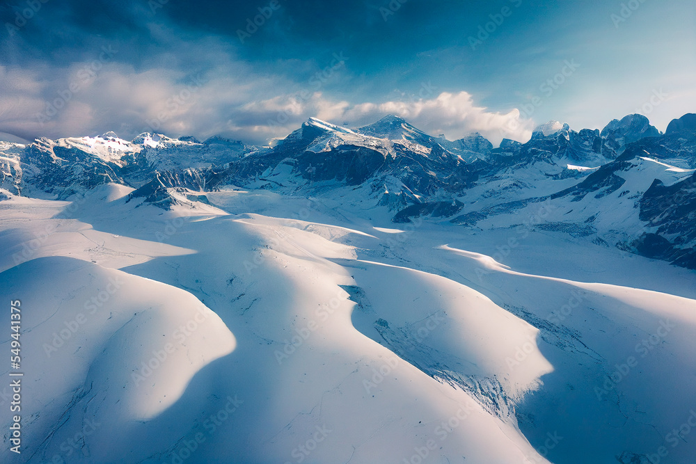 无人机拍摄的雪山鸟瞰图，展示冬季山脉壮观的高山景观